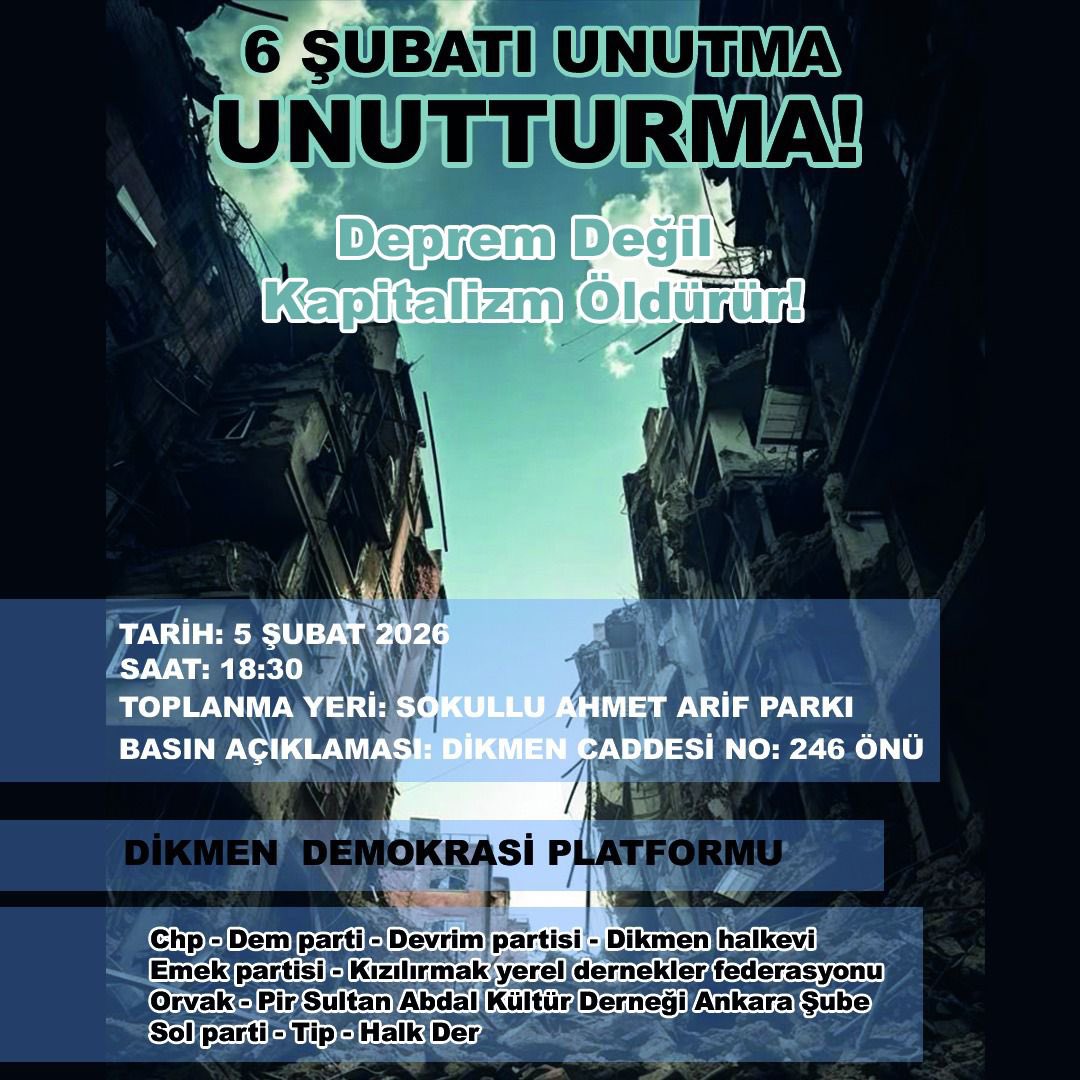 DEMPartiCankaya's tweet image. 📣 
6 Şubat Depremlerinin 3. Yıldönümünü Anma Programları kapsamında yarın saat 18.30’da Ahmed Arif Parkında buluşuyoruz. 

Dikmen Demokrasi Platformu
#6ŞubatıUnutmaUnutturma