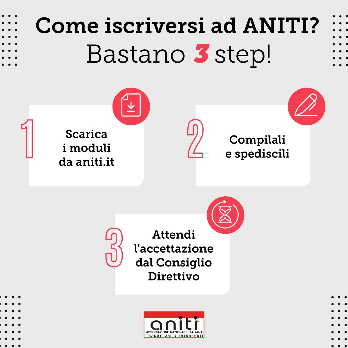 Per iscriversi ad ANITI bastano 3 semplici step.

Ti basterà scaricare dal nostro sito i moduli, spedirli via e-mail alla nostra segreteria con documentazione completa e attendere l'accettazione dal nostro Consiglio Direttivo.