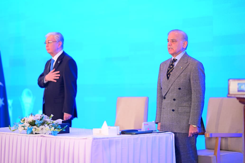 Prime Minister Muhammad Shehbaz Sharif and President of Kazakhstan Kassym-Jomart Tokayev at Pakistan Kazakhstan Business Forum held in Islamabad.