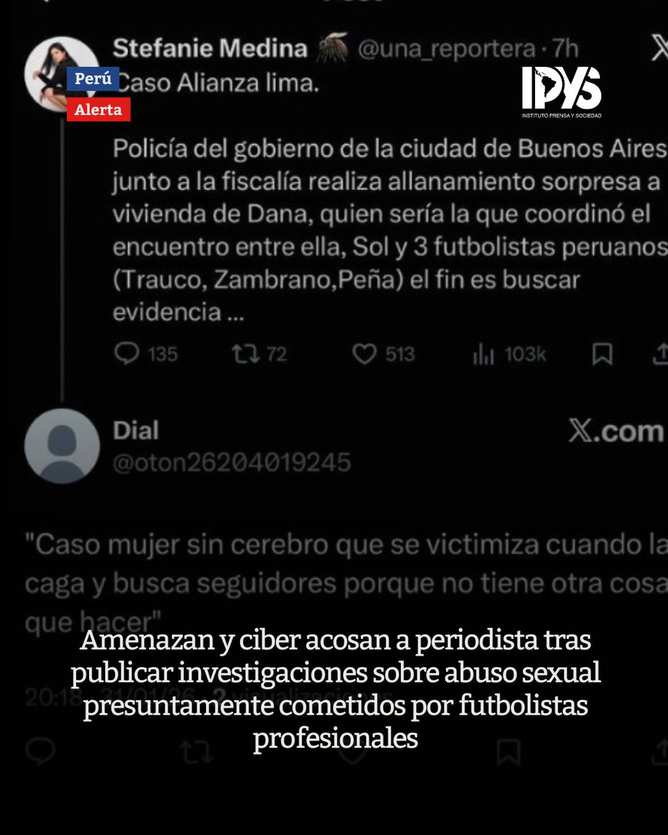 🚨#ALERTA 🇵🇪: Amenazan y ciber acosan a periodista <a href="/una_reportera/">Stefanie Medina 🦟</a> tras publicar investigaciones sobre abuso sexual presuntamente cometidos por futbolistas profesionales de <a href="/ClubALoficial/">Club Alianza Lima</a>

🤳 ipys.org/alertas/per%C3…