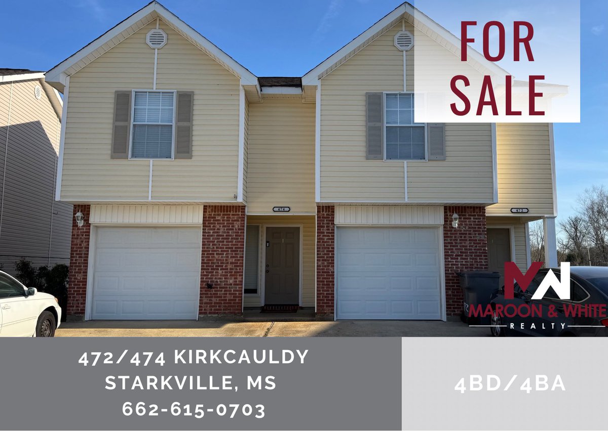 📍472/474 Kirkcauldy Dr, Starkville
🪧For Sale
💲320,000

Investment opportunity at Highlands Plantation! 2 units being sold together. Each unit is 2BD/2BA. Minutes from MSU campus. Both units leased thru 7/19/26. HOA dues $424/unit annually.

Maroon &amp; White Realty | 662-615-0703