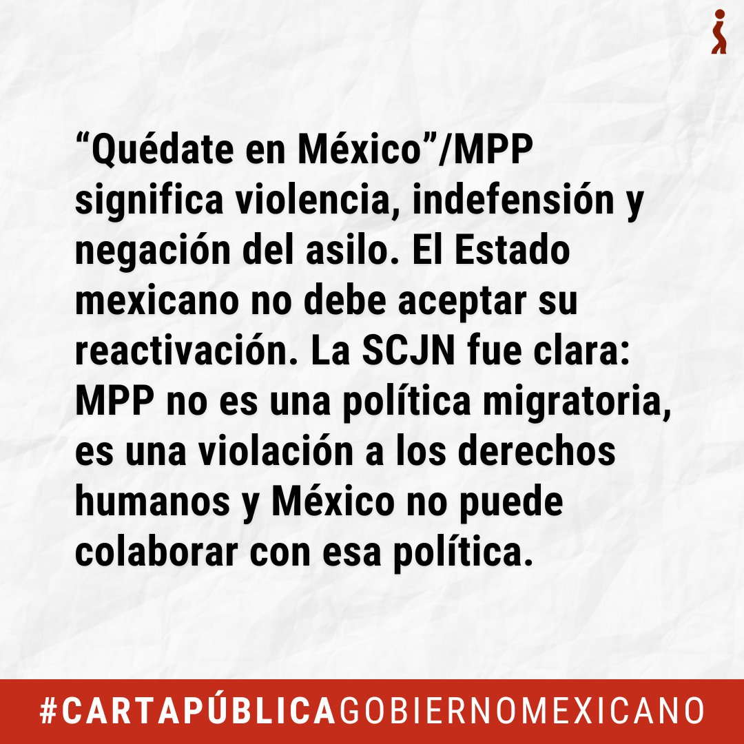📧#CartaPúblicaEstadoMexicano #ProtecciónNoDevolución
📣El programa #MPP/#QuédateEnMéxico obliga a personas solicitantes de asilo a esperar en #México en condiciones de alto riesgo, sin garantías de seguridad ni acceso efectivo a derechos. Su posible reactivación representa un