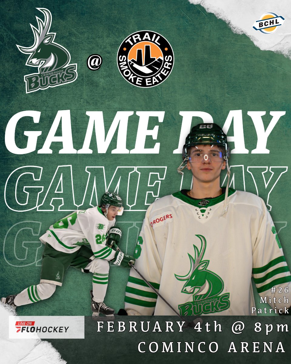 CranbrookBucks's tweet image. 🚨GAMEDAY TONIGHT!🚨

Puck drop at 8pm today as the Bucks visit the Trail Smoke Eaters!

📺Catch all the action on @flohockey !
🗓February 4th
🕖 8PM (MST)
📍Cominco Arena

#FearTheDeer #gobucksgo #GoBucks #bchl #jointheherd
