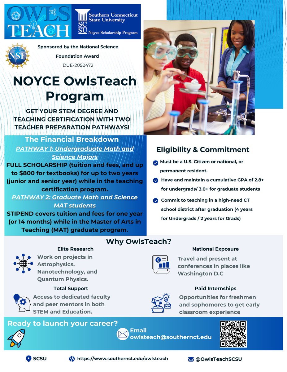Ready to launch your career in STEM? 🚀

The Noyce OwlsTeach Program at <a href="/SCSU/">Southern Connecticut State University 🦉</a> offers FULL scholarships &amp; stipends for Math/Science majors. Get your degree + teaching cert while conducting elite research! 🔬📐

Apply today: southernct.edu/owlsteach 🦉

#SCSU #STEM #NoyceScholars