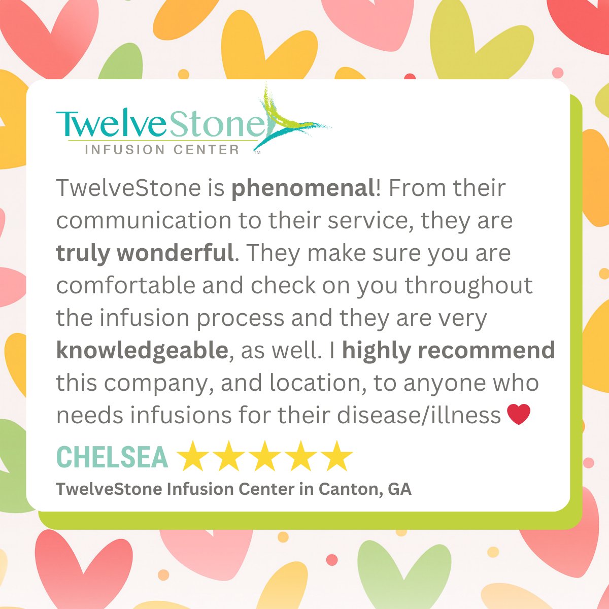 Sharing the love this February ❤️
Thank you to Chelsea for this wonderful review of our Canton, GA Infusion Center. Compassionate, knowledgeable care is what we strive for—every patient, every visit.
#SharingTheLove #PatientCare #FiveStarReview