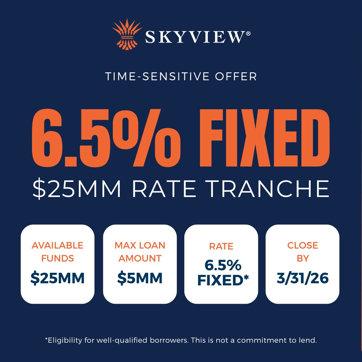 Time-Sensitive Opportunity for Financial Advisors🚨

A SkyView Bank Partner is offering rare access to $25MM in capital at a 6.5% fixed rate.

Act now. Funds are limited, and demand is high.

Contact us at (866)567-6282 to learn more or apply today: bit.ly/4aiZXsn