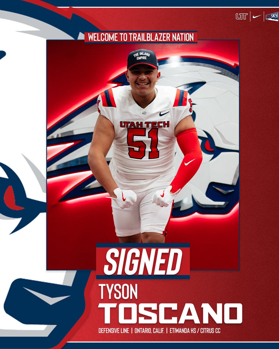 Signed ✍️  
Welcome DL <a href="/ToscanoTyson/">Tyson Toscano</a> to the Trailblazer Football Family!
#UtahTechBlazers