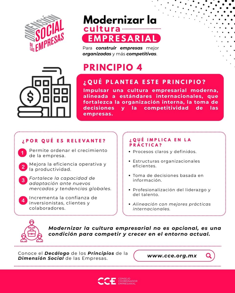 El Principio 4 de la Dimensión Social de las Empresas promueve la modernización de la cultura empresarial como un factor clave de competitividad.
Empresas mejor organizadas, alineadas a estándares internacionales y con visión de largo plazo fortalecen su desempeño, su