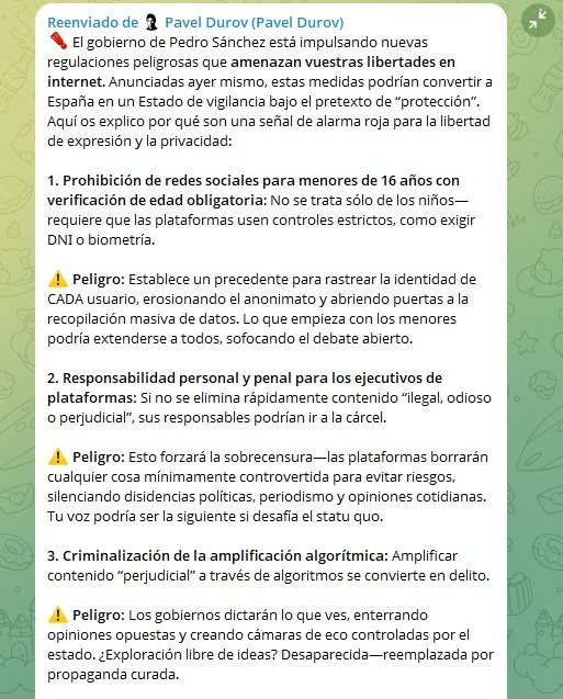 🚨 Pavel Durov, dueño de Telegram, ADVIERTE a todo el mundo sobre las medidas de Pedro Sánchez contra la libertad en internet: