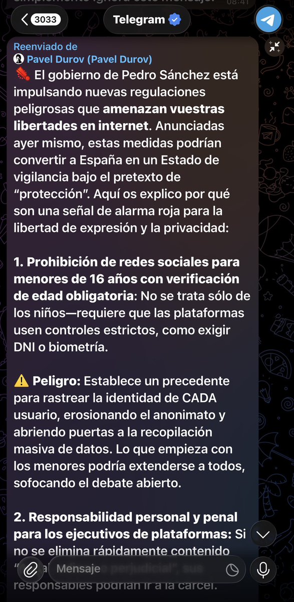 SarahPerezSanta's tweet image. El dueño de telegram manda un mensaje a todos los usuarios contra el Presidente del Gobierno.
El mensaje es claro: ricos contra Sánchez.
Si les tocas el bolsillo, te señalan.
Este es el camino 👇🏽