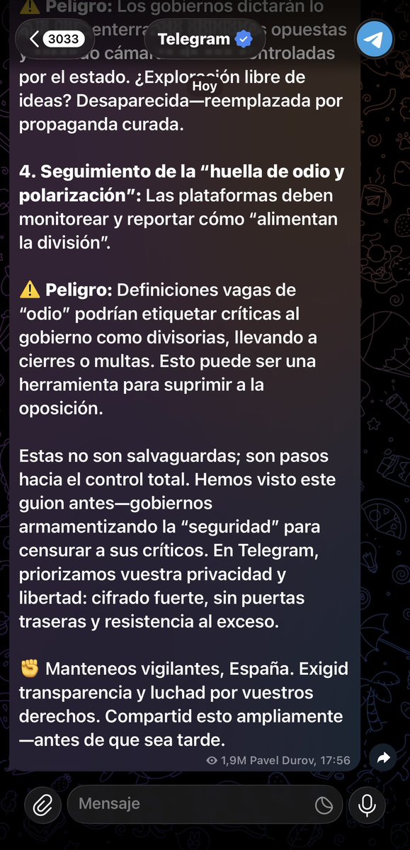 SarahPerezSanta's tweet image. El dueño de telegram manda un mensaje a todos los usuarios contra el Presidente del Gobierno.
El mensaje es claro: ricos contra Sánchez.
Si les tocas el bolsillo, te señalan.
Este es el camino 👇🏽