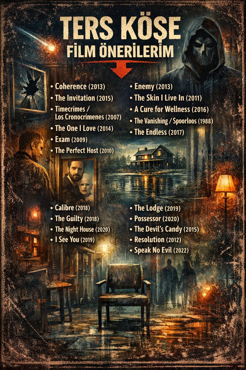 TERS KÖŞE FİLM ÖNERİLERİM 👇 
• Coherence (2013) 
• The Invitation (2015) 
• Timecrimes / Los Cronocrímenes (2007) 
• The One I Love (2014) 
• Exam (2009) 
• The Perfect Host (2010) 
• Enemy (2013) 
• The Skin I Live In (2011) 
• A Cure for Wellness (2016) 
• The