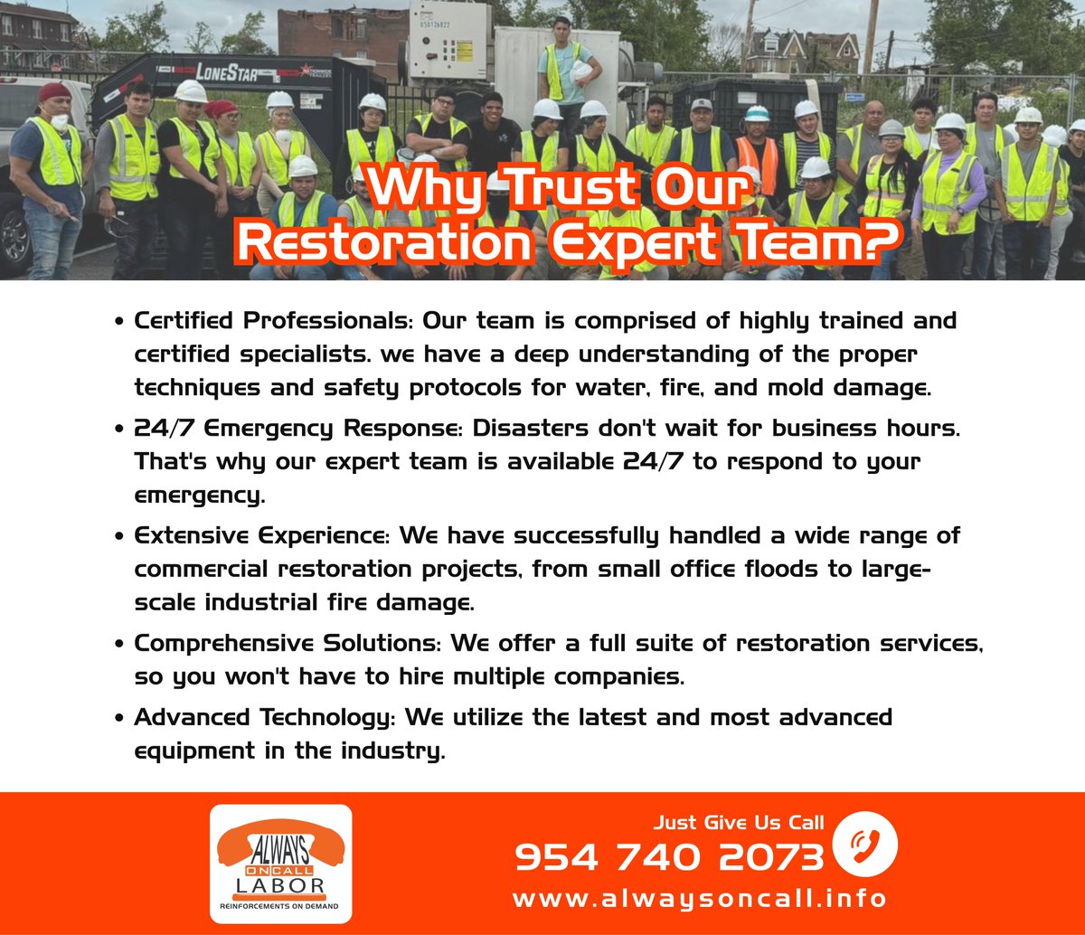 AlwaysOnCall24's tweet photo. Disaster doesn’t wait.
We delivers certified, experienced restoration crews - 24/7, ready to deploy.
✔ Certified professionals
✔ Rapid emergency response
✔ Proven restoration experience
Call now and secure expert labor - before delays cost you more.
📞 𝟗𝟓𝟒 𝟕𝟒𝟎 𝟐𝟎𝟕𝟑 https://t.co/YorJJIFUC9