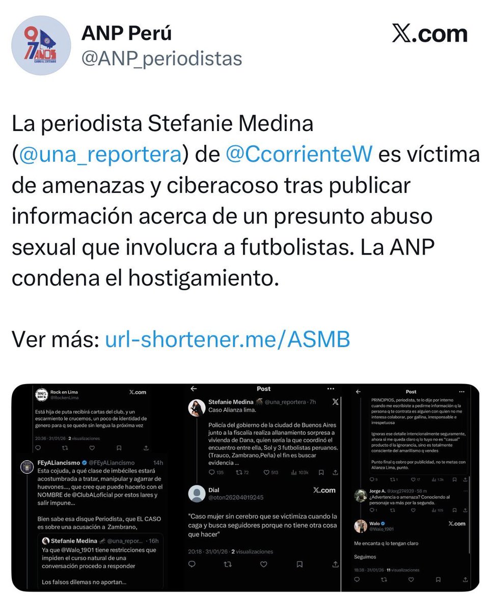 🎻#CasoAlianzaLima💩 Colegio de Periodistas de Lima <a href="/CPLimaPe/">Colegio de Periodistas de Lima</a>  y Asociación Nacional de Periodistas <a href="/ANP_periodistas/">ANP Perú</a> denuncian que chupapinga #wano <a href="/Walo_1901/">Walo</a> Luis Álvaro Pletikosic Guzmán amenaza a periodista <a href="/una_reportera/">Stefanie Medina 🦟</a> Ojo: <a href="/FernandoCabada_/">Fernando Cabada Samame</a> <a href="/terryjuancarlos/">Juan Carlos Terry</a> <a href="/ClubALoficial/">Club Alianza Lima</a>