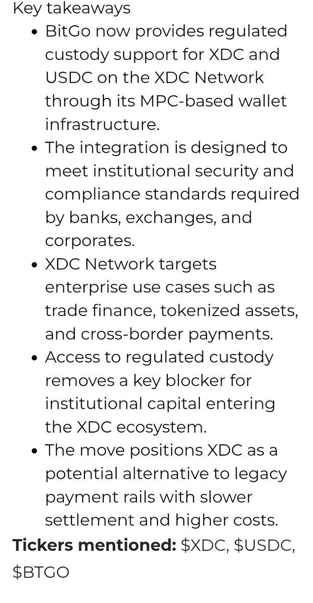 🔐 Secure. Regulated. Institutional-ready.

#XDC Network partners with BitGo for custody support 🚀
🔗 menafn.com/1110691231/XDC…

#XDC #BitGo #CryptoUpdate #DigitalAssets <a href="/XDCNetwork/">XDC Network</a> #BTC #ETH #XRP #Epstein #IranMassacre #ppnaravit #nampingster