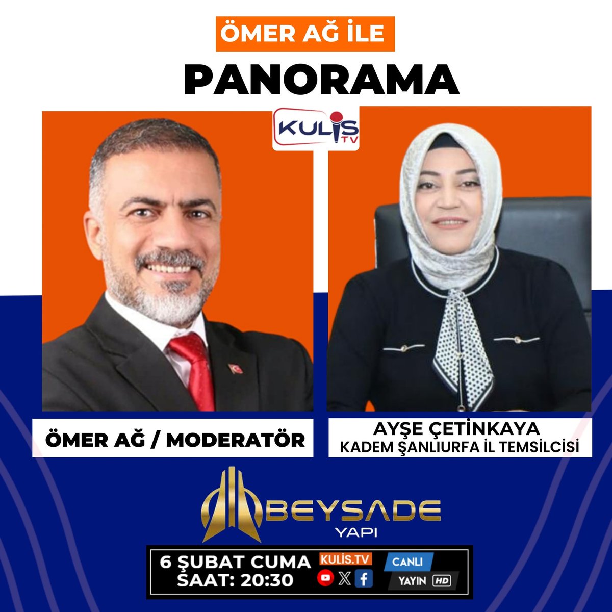 Ömer Ağ ile Panorama'ya bu hafta KADEM İl Temsilcisi Ayşe Çetinkaya konuk olacak.
Kadın ve Aile'yi konuşacağız.
Aynı zamanda Şanlıurfa'da yapılan çalışmaların neler olduğunu soracağım.
Sizlerde sorularınızı sorabilirsiniz.
Cuma akşamı bekliyoruz.
<a href="/Aysemir_63/">Ayşe ÇETİNKAYA🇹🇷</a>