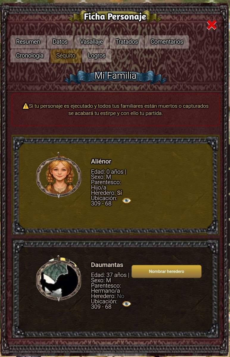 Nuestro personaje pueden casarse y tener hijos...si nuestros familiares son capturados y morimos sin heredero será el final de nuestra estirpe y con ello de la partida.