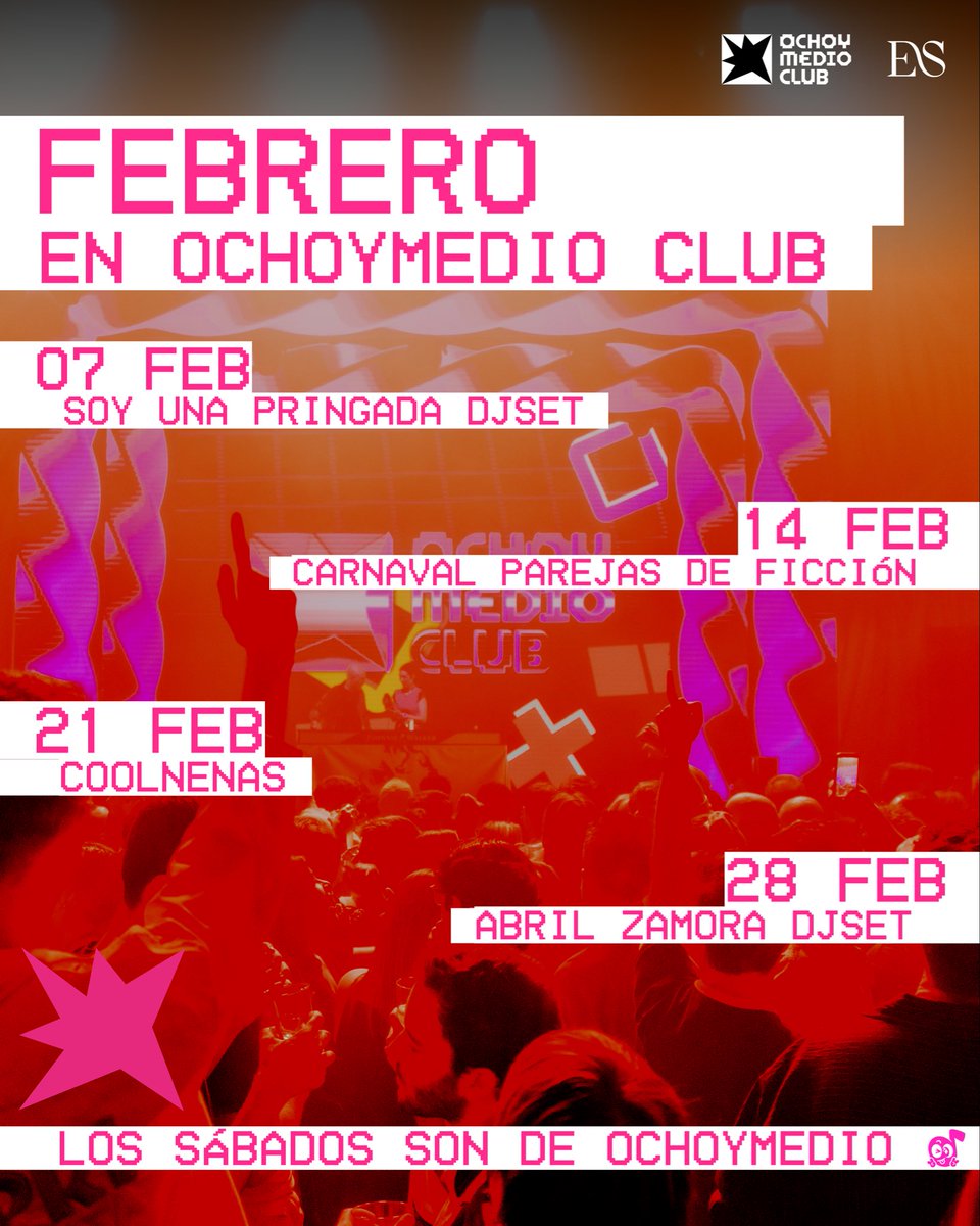 FEBRERO EN OCHOYMEDIO CLUB 🪩🎭 Mes de carnaval, mes de San Valentín y mes de pasarlo muuuuuy bien! 🙂‍↕️💕 Todos los sábados en Teatro Eslava

🎫 Entradas para todas las fechas ya a la venta con precios especiales y acceso preferente aquí: bit.ly/tw_ochoymedio_…