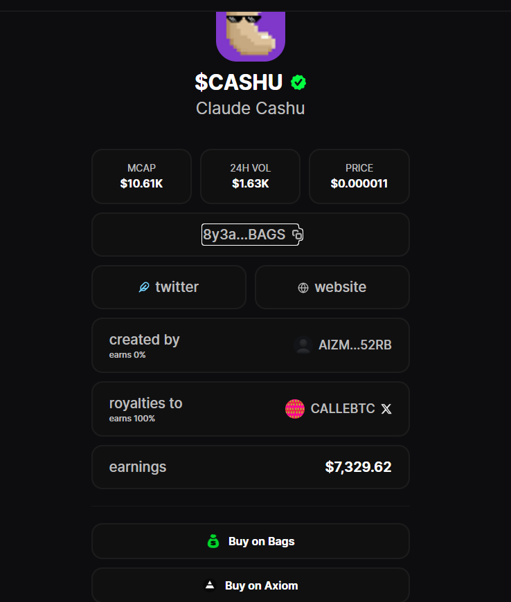 $CLAWIAI at 1M mc on <a href="/bankrbot/">Bankr</a> 
ca:0x2FC3Dd4DacFd1b2FABac157de8727b54bADE4B07 
$CASHU at 10K mc on <a href="/BagsApp/">BAGS</a> <a href="/finnbags/">FINN</a> 
8y3aLa4RRTWEMSokXdBR4wqedL65NxYSodrh2NssBAGS