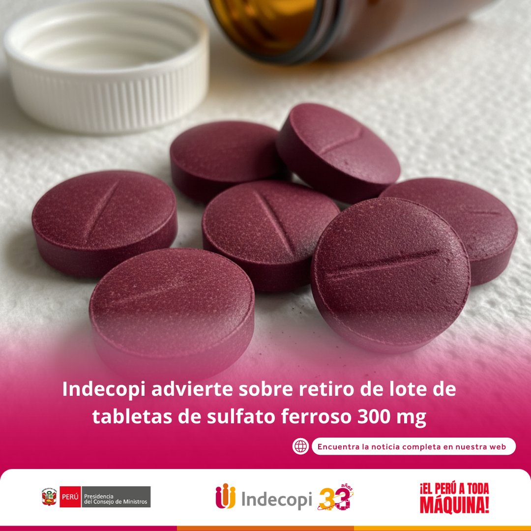 IndecopiOficial's tweet photo. 🚨 #ALERTA: Indecopi advierte sobre retiro de lote de tabletas de sulfato ferroso 300 mg 💊 dispuesto por Digemid ⚠️. Conoce todos los detalles en nuestra nota 👉 https://t.co/1gkUC7smRN https://t.co/hG35I0MSsy