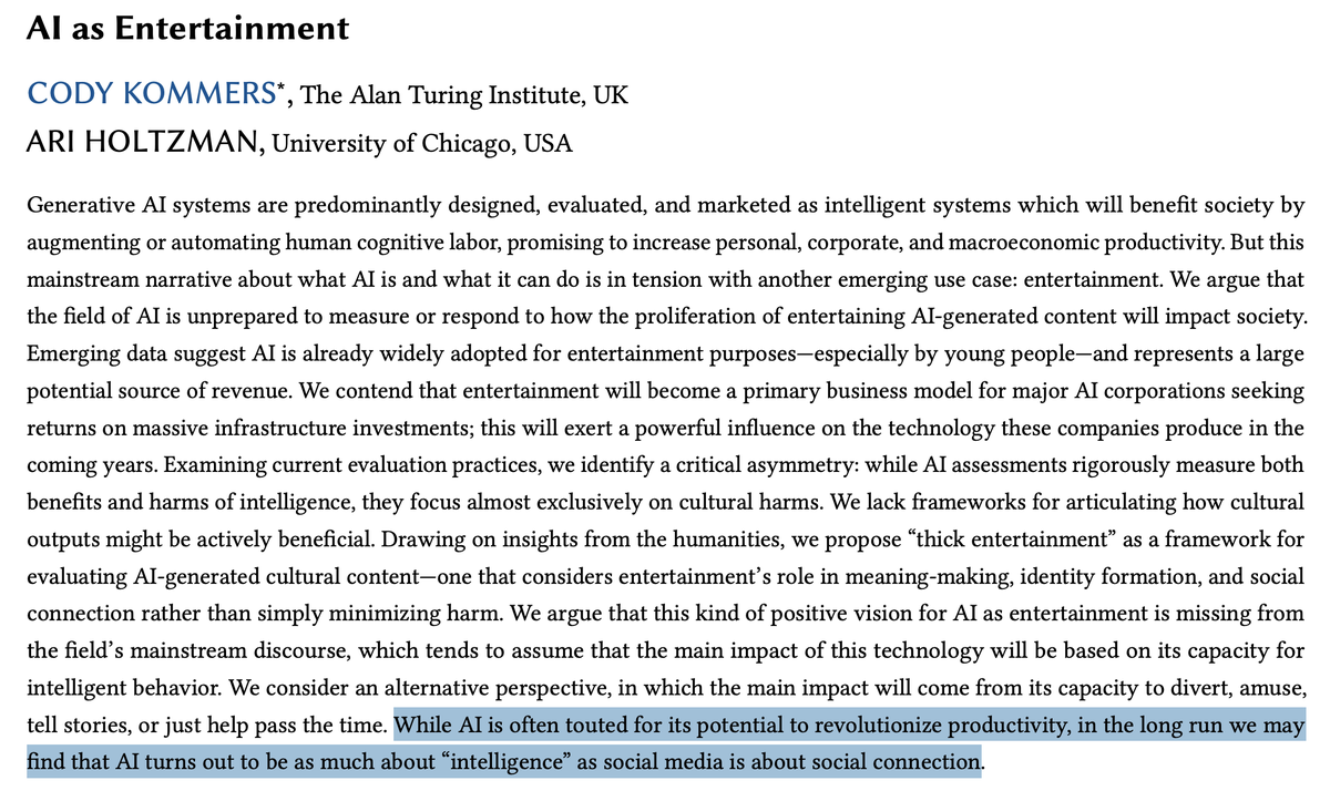gvrkiran's tweet photo. Great paper thinking about the role AI will play in entertainment, both good &amp; bad.

We currently frame AI around intelligence and productivity, but one of the big use case is entertainment (likely the strategy behind Sora)

A shift from utility to culture
https://t.co/fK4QaqZAc9 https://t.co/9ZXhzhk2D3