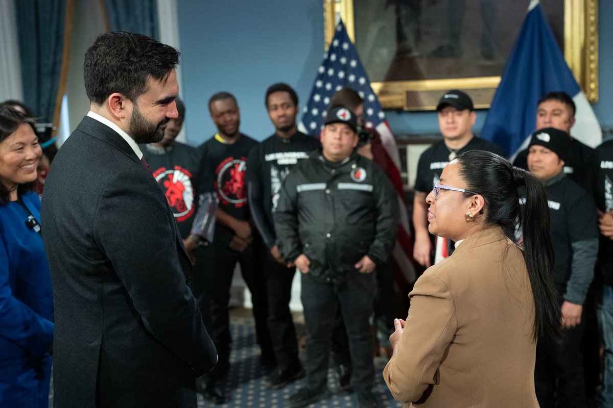 NYCMayor's tweet photo. Our administration doesn’t just stand with workers — we deliver for them. 

We’ve already secured more than $5 million for delivery workers who were wrongfully deactivated, and we will keep fighting for the fair pay and dignity they deserve. 

I was honored to welcome delivery workers to City Hall this week and hear directly from them about the challenges they face and the change they’re demanding.