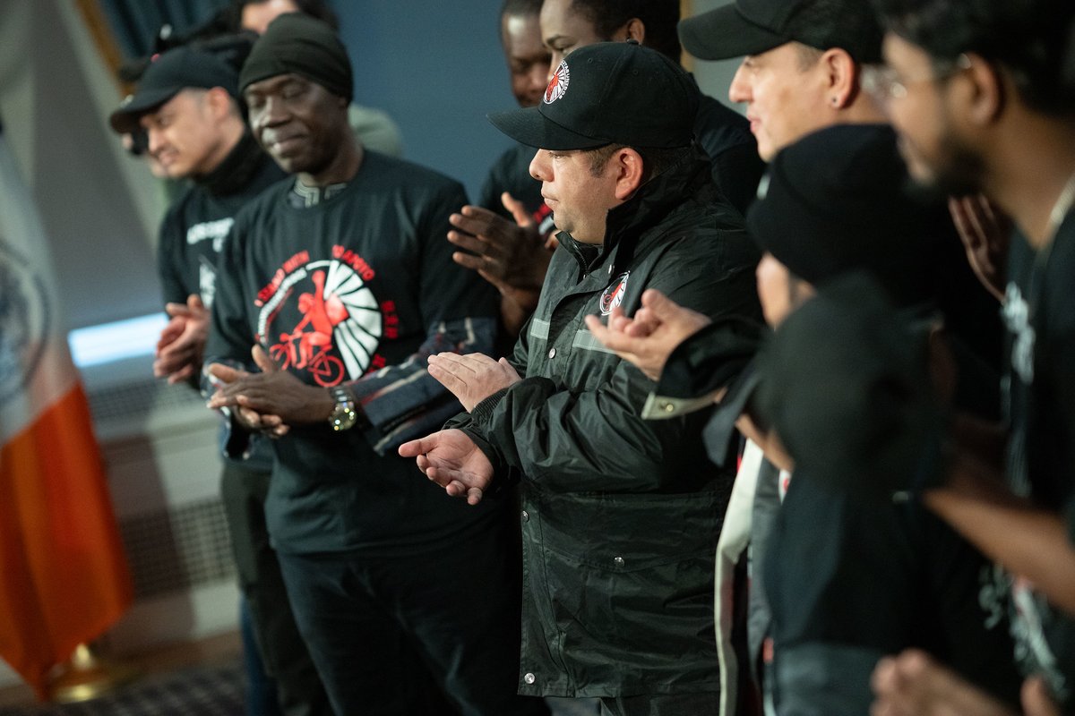 NYCMayor's tweet photo. Our administration doesn’t just stand with workers — we deliver for them. 

We’ve already secured more than $5 million for delivery workers who were wrongfully deactivated, and we will keep fighting for the fair pay and dignity they deserve. 

I was honored to welcome delivery workers to City Hall this week and hear directly from them about the challenges they face and the change they’re demanding.