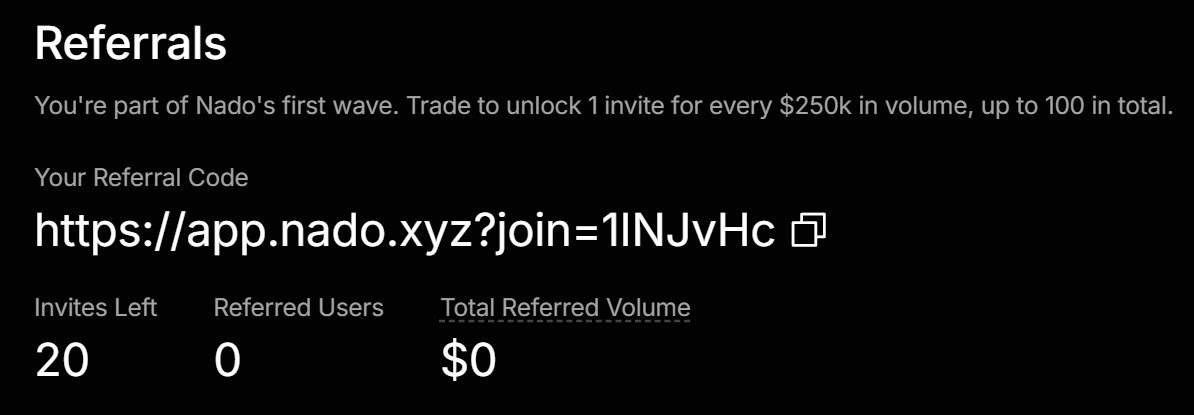 If anyone needs invitation codes for  <a href="/nadoHQ/">Nado</a> 
I have 20 available.

app.nado.xyz/?join=1INJvHc

#nado #perps