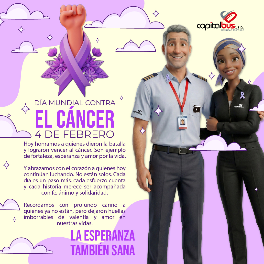 En el Día Mundial contra el Cáncer, honramos a quienes vencieron esta batalla, acompañamos a quienes siguen luchando y recordamos a quienes dejaron huella en nuestras vidas.

La esperanza también sana. 💜

#DíaMundialContraElCáncer #Esperanza #Apoyo #Capitalbus #Bogotá
