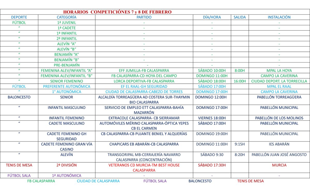 Horarios deportivos del fin de semana (7 y 8 de febrero) 🏀🥎⚽

#DeportesCalasparra