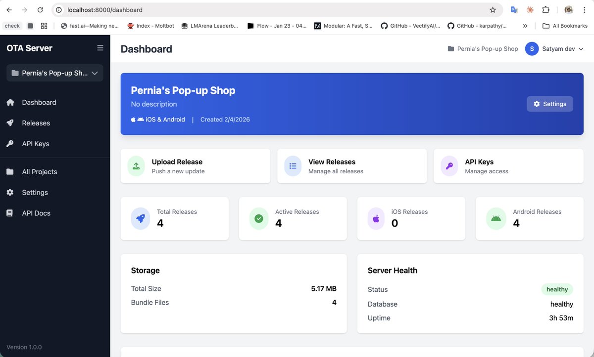 dev_satyam's tweet photo. AI is quietly replacing a lot of mid-level SaaS.  

Microsoft shut down App Center / CodePush — so we replaced react-native-code-push with our own in-house CodePush update server.  

100% implemented via Claude Code.  

There are SaaS products charging $100–$500/mo for this (often priced by install count).  

we built (same UX + core features as App Center): 

-CodePush update server + Web Dashboard Auth + multi-project support 
- Staged rollouts (10% → 50% → 100%) 
- Upload releases + version targeting 
- Download analytics 
- API key management  

CLI
ota-cli configure --api-key <API_KEY_HERE> --project-id ID 
ota-cli release --platform android --version 1.0.0 
ota-cli list 
ota-cli rollback --release-id 5  

React Native integration 
Native iOS + Android bridges