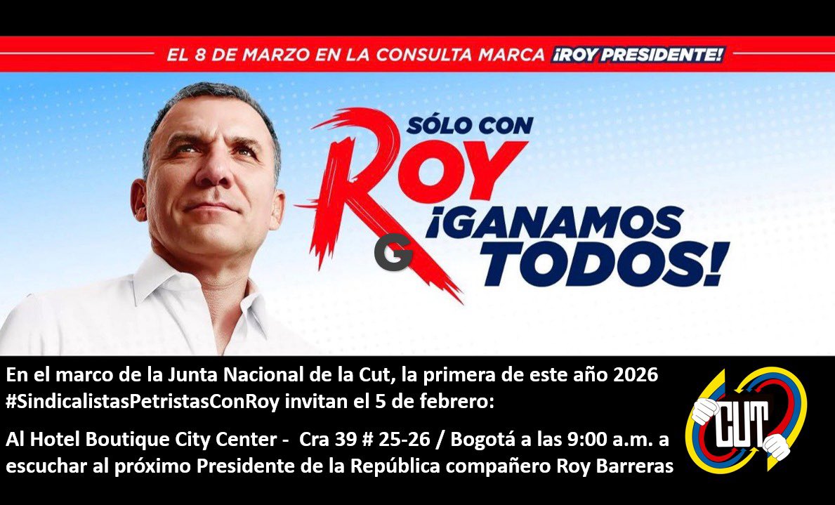 maltescut1's tweet image. #SindicalistasPetristasConRoy
Invita a escuchar al próximo presidente del país que dará continuidad a las políticas sociales del presidente #Petro,el jueves 5F en el marco de la junta nacional de la @cutcolombia 
@RoyPresidente 
@petrogustavo #XavierVendrell @RoyBarreras