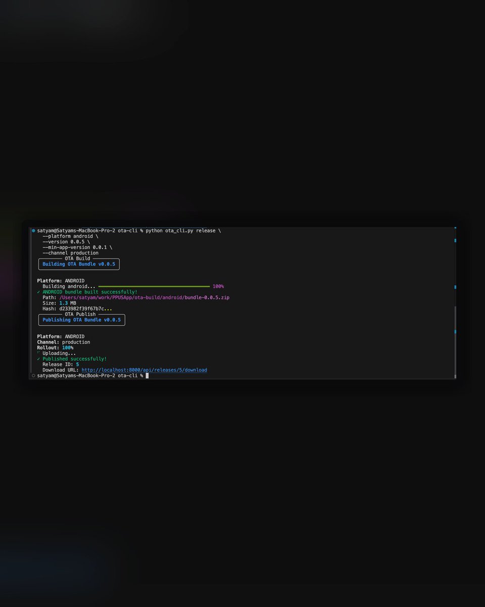 dev_satyam's tweet photo. AI is quietly replacing a lot of mid-level SaaS.  

Microsoft shut down App Center / CodePush — so we replaced react-native-code-push with our own in-house CodePush update server.  

100% implemented via Claude Code.  

There are SaaS products charging $100–$500/mo for this (often priced by install count).  

we built (same UX + core features as App Center): 

-CodePush update server + Web Dashboard Auth + multi-project support 
- Staged rollouts (10% → 50% → 100%) 
- Upload releases + version targeting 
- Download analytics 
- API key management  

CLI
ota-cli configure --api-key <API_KEY_HERE> --project-id ID 
ota-cli release --platform android --version 1.0.0 
ota-cli list 
ota-cli rollback --release-id 5  

React Native integration 
Native iOS + Android bridges