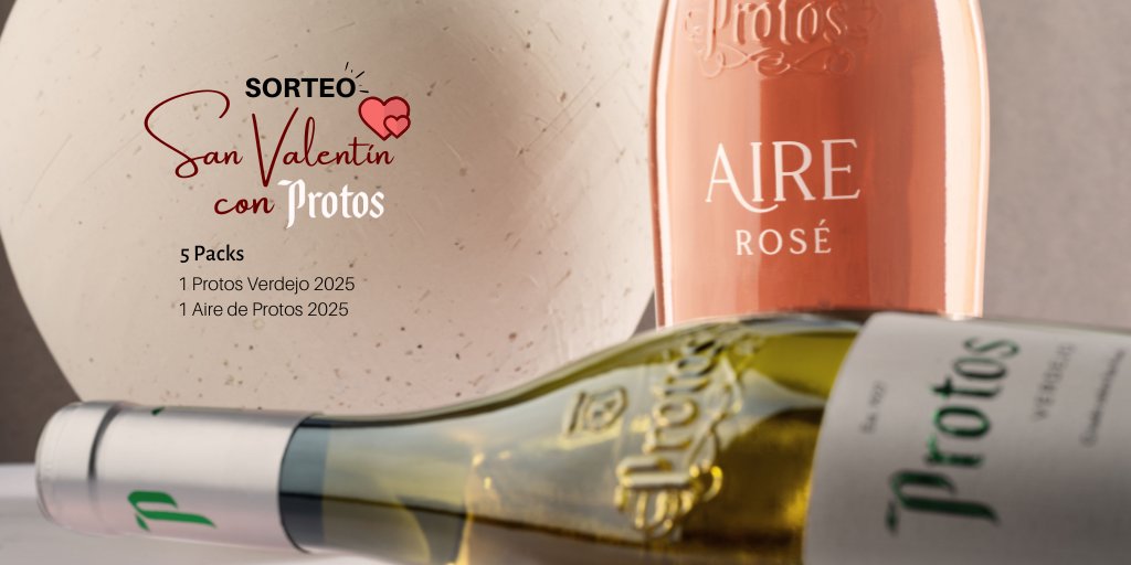 ¿El plan perfecto para San Valentín? ¡Lo ponemos nosotros! 🍷✨ Sorteamos 5 packs de Aire de Protos + Protos Verdejo para que brindes con quien más quieras.
Para participar: 
1️⃣ Sigue a <a href="/Bodegas_Protos/">Bodegas Protos</a>. 
2️⃣ Dale ❤️ + Repost 🔄. 
3️⃣ Menciona a tu acompañante ideal 
⏰ ¡Tienes