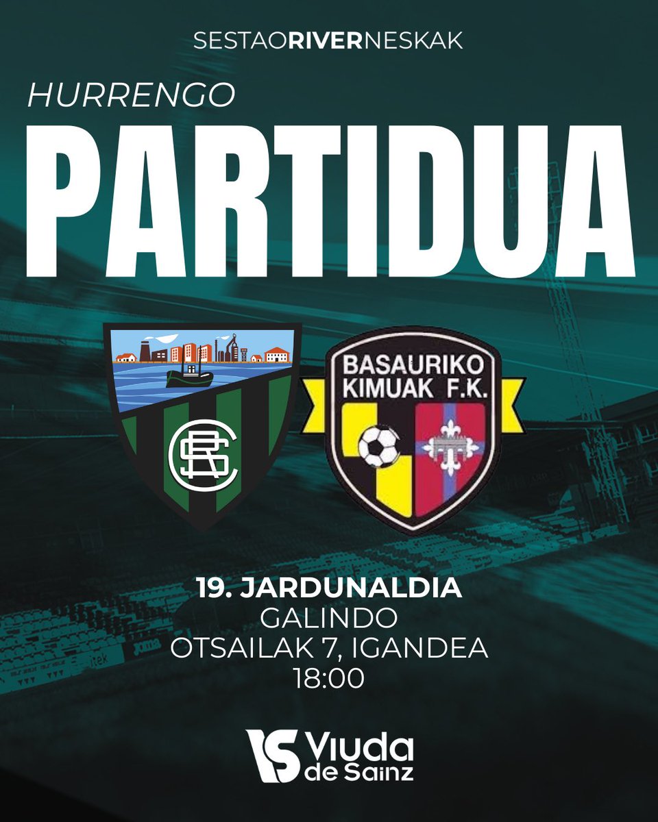 SestaoRCNeskak's tweet photo. ⚽️ 𝙃𝙐𝙍𝙍𝙀𝙉𝙂𝙊 𝙋𝘼𝙍𝙏𝙄𝘿𝙐𝘼!

⚔️ Jornada 18
🆚 @BasaurikoKimuak 
📆 Sábado, 7 de febrero
⏰ 18:00
🏟️ Galindo 

#SestaoRiverBasaurikoKimuak | #GoazenRiver https://t.co/3B8ARrTctW
