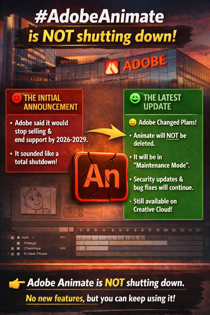 forhad02r's tweet photo. Adobe Animate is NOT shutting down! 🚀
No new features, but still alive with updates.
Don’t believe rumors—stay informed!

#AdobeAnimate #Adobe #AnimationNews #DigitalDesign #CreativeTools #TechUpdate #DesignLife #Animator #GraphicDesign https://t.co/YY3mVFoYT4