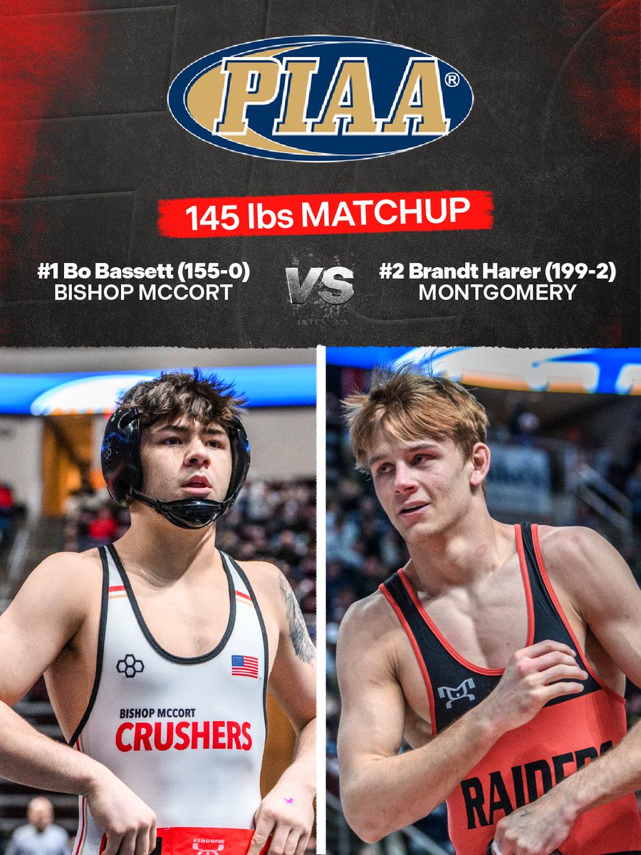 FloWrestling's tweet photo. #1 Bo Bassett and #2 Brandt Harer are slated to meet on Friday at 5 pm ET in the PIAA Team State quarterfinals! Bassett has a 155 match winning streak, and Harer has a 154 match winning streak. Don’t miss the dual LIVE on Flo! https://t.co/ojeGyQJJex