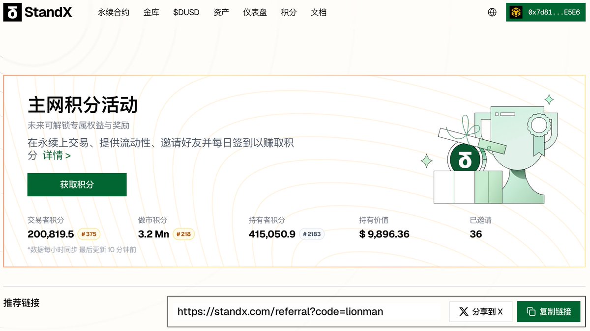 乖乖的这两天StandX做市一直在成交
目前排名系统上线后我20万交易分在375名
结合其他大神的截图
目前要进前100名得50万交易分
<a href="/StandX_Official/">StandX</a>