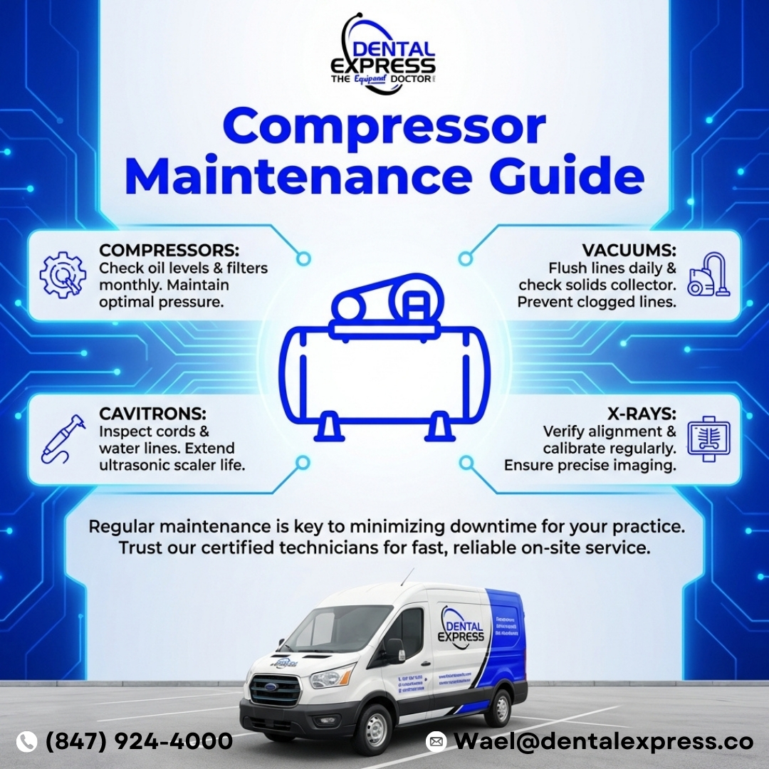 DentalExpresss's tweet image. Keep your dental practice running smoothly with expert tips for compressors, vacuums, cavitrons, and X-rays to reduce downtime and extend lifespan. #DentalEquipment #OfficeMaintenance #CompressorCare #VacuumTips #CavitronMaintenance #XrayService #DentalTech #PracticeEfficiency