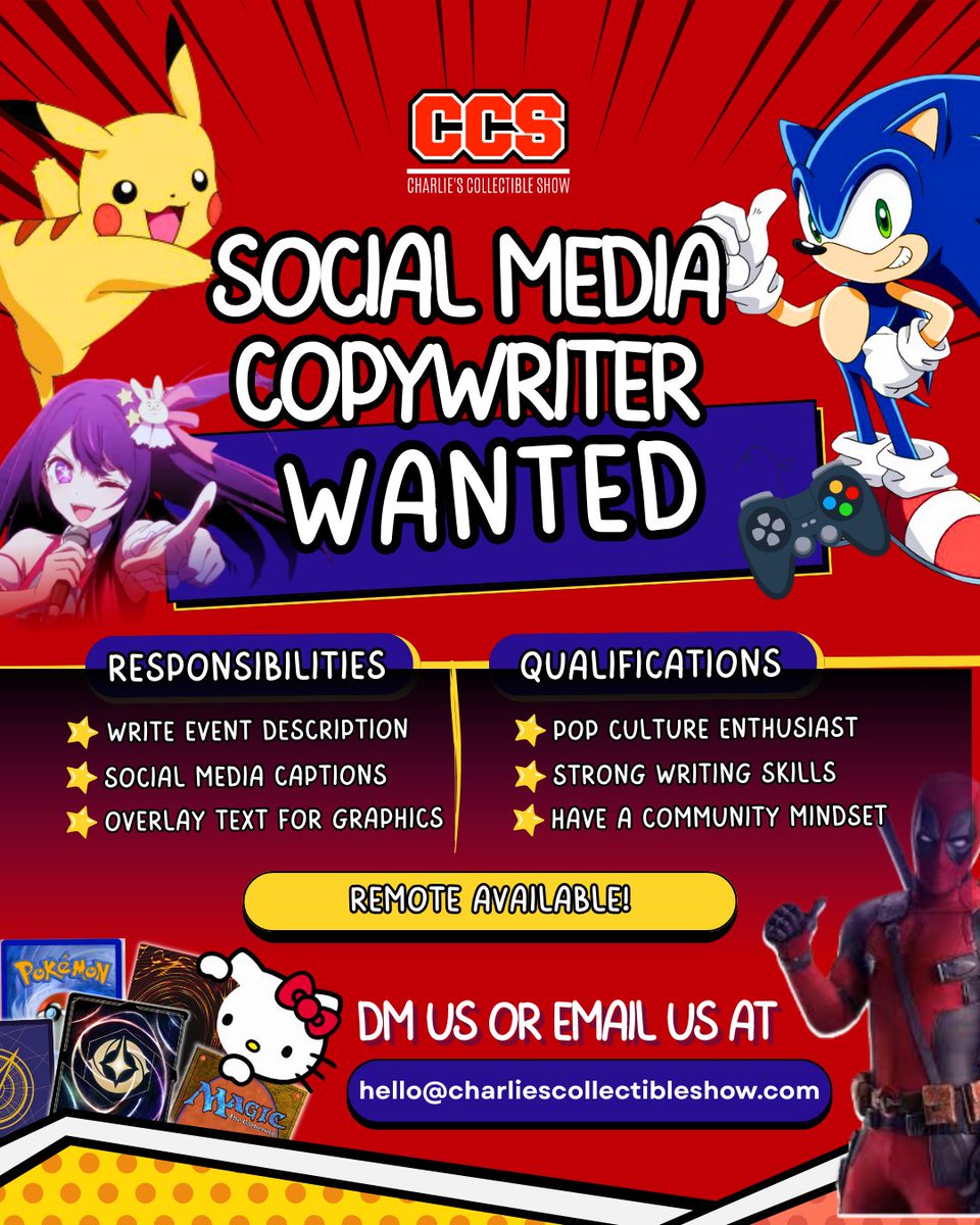 ✍️✨ JOIN THE CCS TEAM ✨✍️

Love anime, gaming, comics, TCGs, toys, and nerd culture and know how to write about it fast?

We’re hiring a Social Media Copywriter to help write event descriptions, social media captions, hooks, and on-screen text that genuinely connect with fans