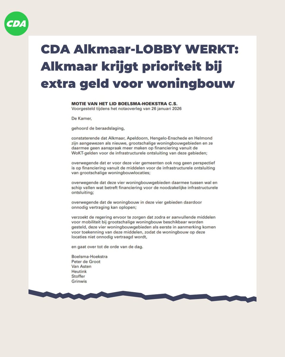📣 Goed nieuws voor Alkmaar: motie over woningbouwgebieden aangenomen.

De afgelopen maanden hebben we vanuit CDA Alkmaar intensief contact gehad met onze CDA‑fractie in Den Haag, en dat heeft zijn vruchten afgeworpen. Dankzij deze inzet komt extra steun voor betaalbare woningen.