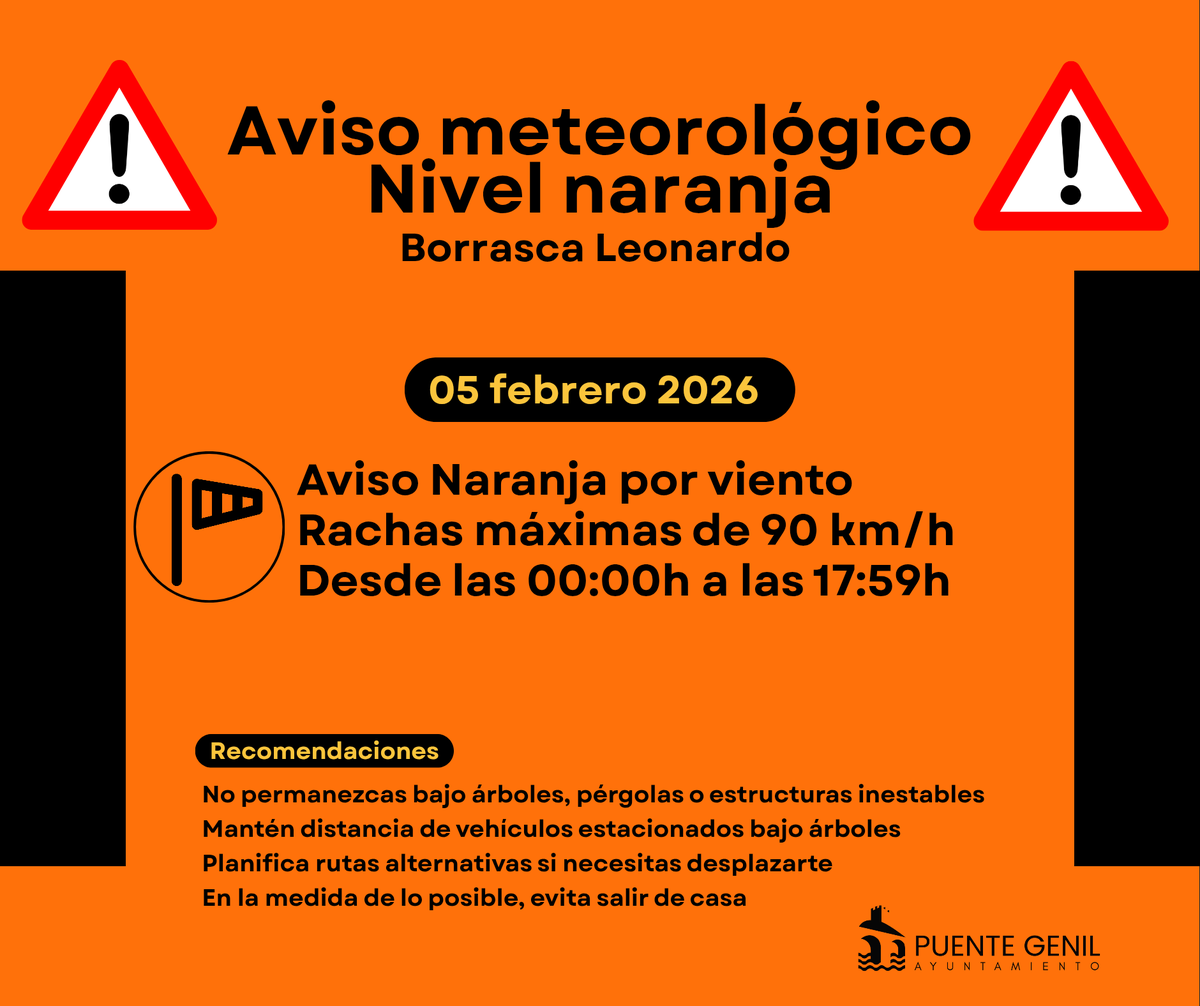 ⚠️ 𝗔𝘃𝗶𝘀𝗼 𝗡𝗮𝗿𝗮𝗻𝗷𝗮 𝗽𝗼𝗿 𝘃𝗶𝗲𝗻𝘁𝗼 𝗲𝗻 𝗣𝘂𝗲𝗻𝘁𝗲 𝗚𝗲𝗻𝗶𝗹  
La borrasca #Leonardo dejará rachas de hasta 90 km/h entre las 00:00 y las 17:59 h del 5 de febrero.
Pedimos a la ciudadanía extremar la precaución y seguir las recomendaciones oficiales.