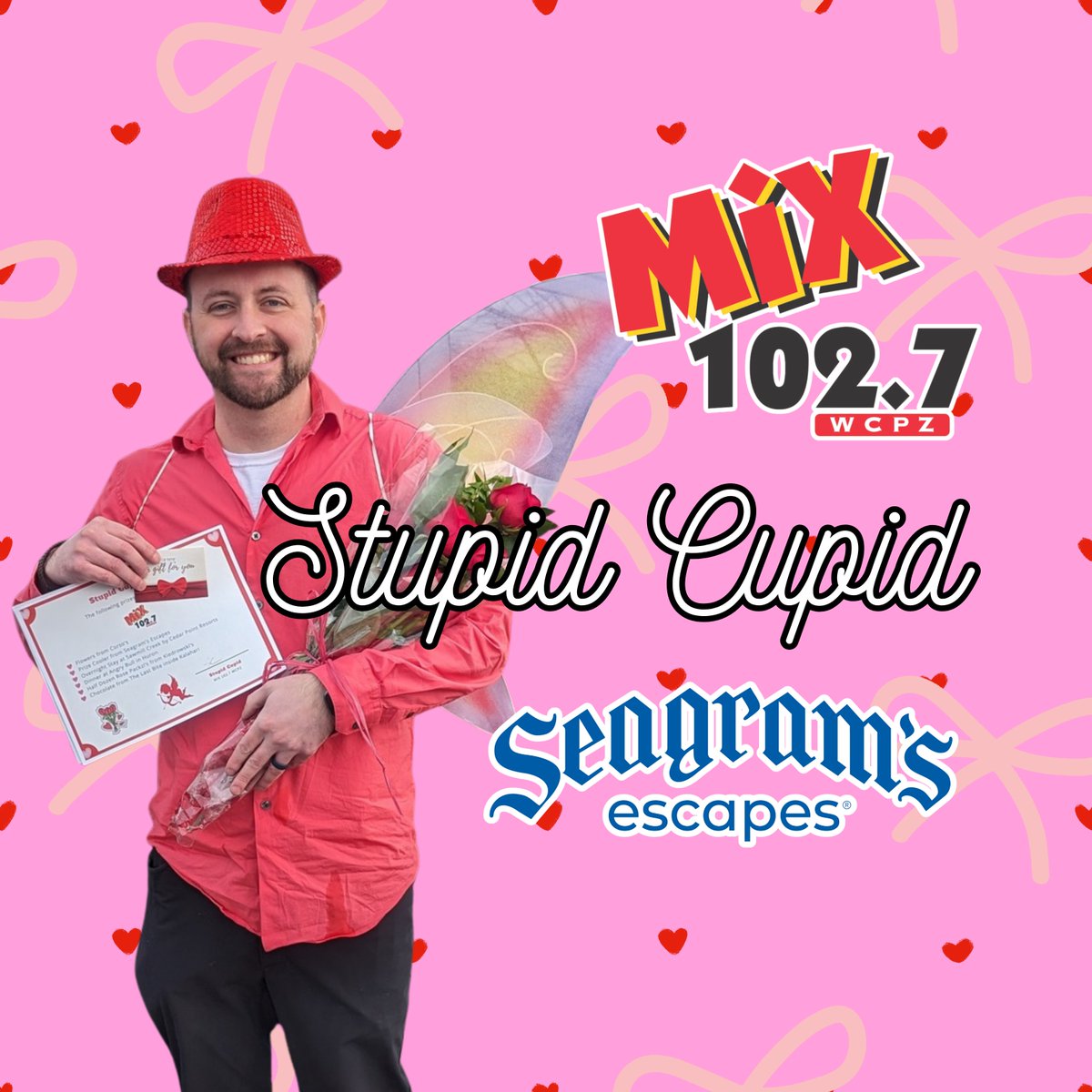 Our OG Stupid Cupid ✨ Friday the 13th Cupid visits are approaching! Nominate someone for a chance to win prizes from <a href="/SeagramsEscapes/">Seagram's Spiked</a>, Angry Bull, New Direction Design, <a href="/GhostlyManor/">Ghostly Manor Thrill Center</a>, Aries Salon &amp; Spa, <a href="/CorsosFlower/">Corso's Flower and Garden Center</a>, and Violet Pineapple Balloons ❤️mix1027.com/contests/stupi