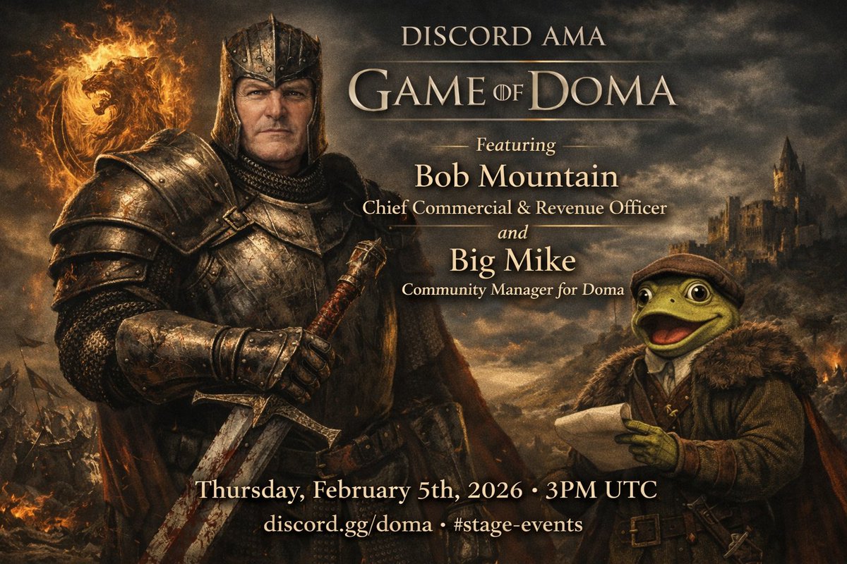 Join our AMA tomorrow with our newest team member, Bob Mountain, Chief Commercial &amp; Revenue Officer at @d3inc 👤

📅 Feb 5 · 3PM UTC
🎙️  discord.gg/doma #stage-events