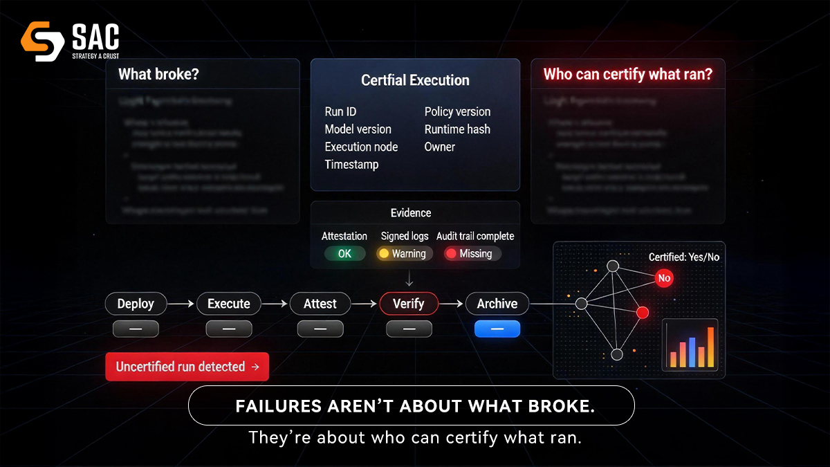 sac_official1's tweet image. When AI systems fail, the question is rarely “what broke.” 

It’s “who can certify what ran.” 🧾 

#ExecutionLayer #Verification #DeAI