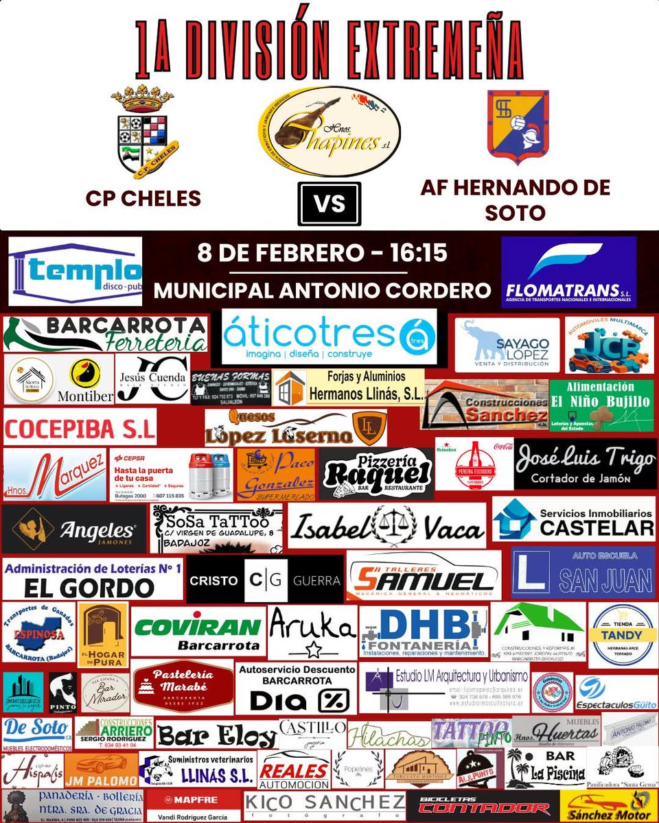 📢⚽NOS DESPLAZAMOS A CHELES 🚌
Tercera salida de la segunda vuelta y esperamos todo vuestro apoyo 🗣️ para traernos los 3 puntos ⚔️

🆚 CP Cheles
📆 Domingo 8 de febrero
⌚ 16:15
🏟 Estadio Municipal Antonio Cordero

🟡🔵VAMOS HERNANDO🔵🟡