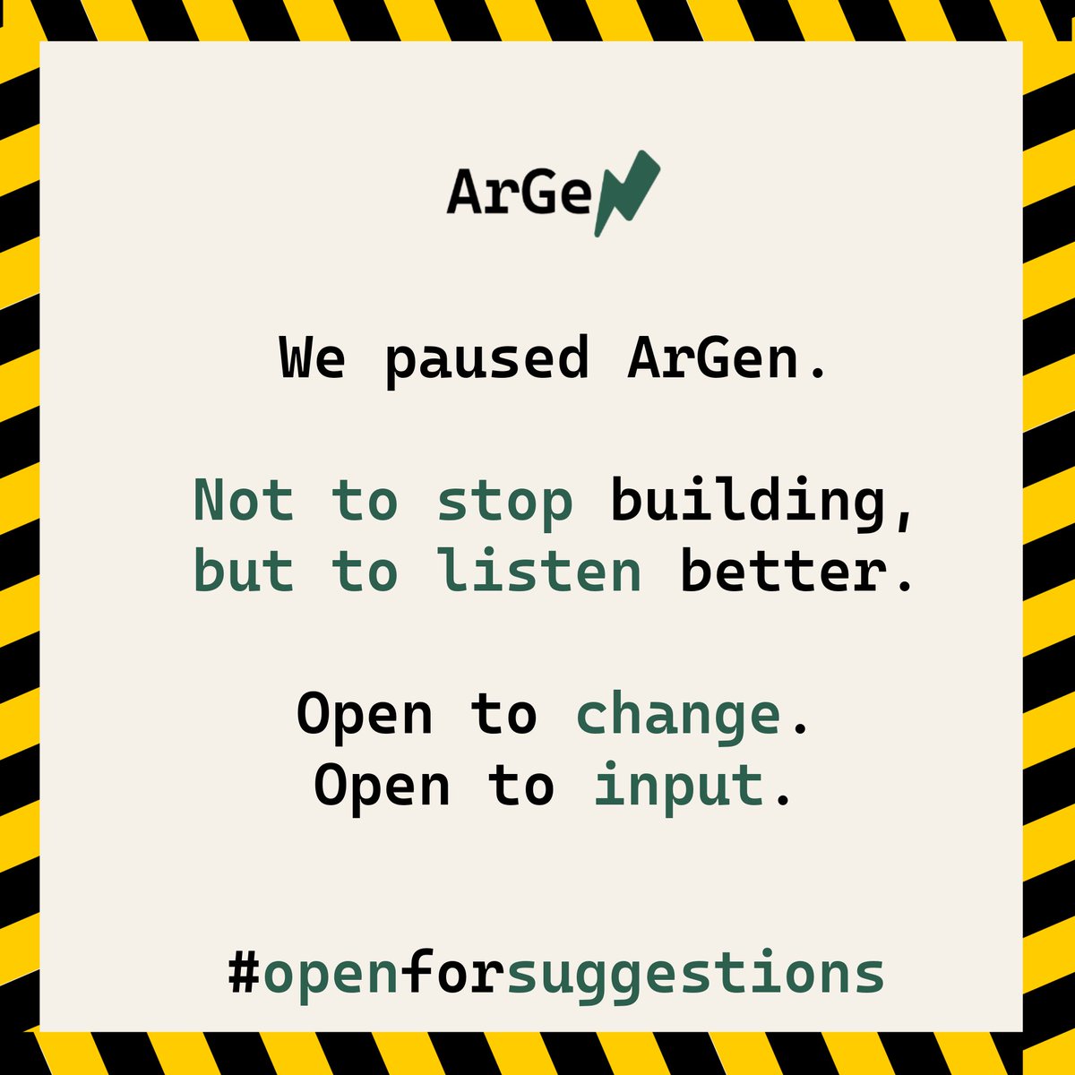 argen_prompt's tweet photo. Pausing ArGen wasn’t easy.

But continuing without alignment would’ve been worse.

We’re reopening this phase to listen before locking anything in.

If AI slows you down or breaks your flow, we want to hear it.

https://t.co/yJXEARbwKg

Building this in public. https://t.co/pAOTtuhPCx
