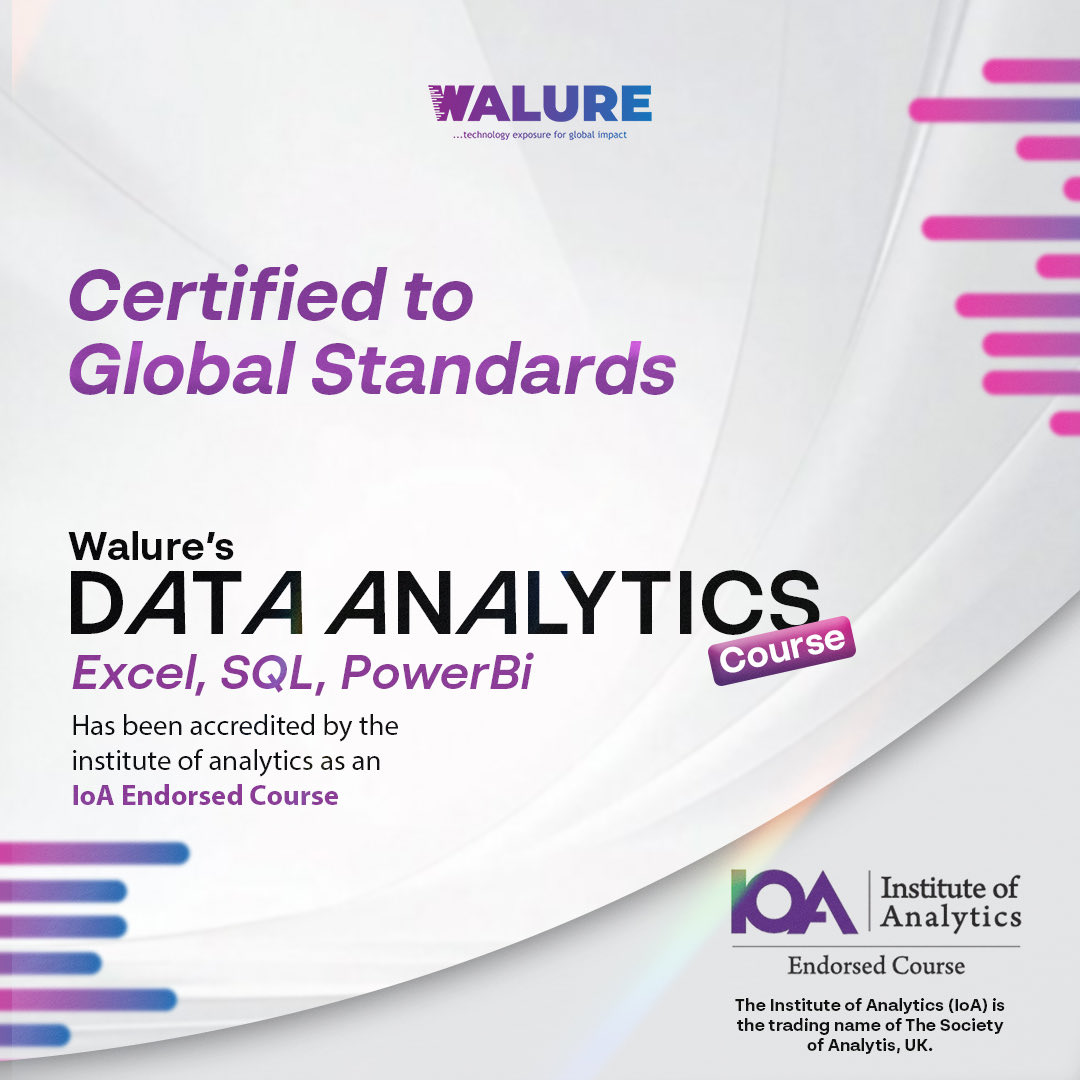 Did you know that our Data Analytics program is officially accredited by the Institute of Analytics (IoA)?

Recognized. Structured. Globally aligned.

Take the next step in your tech career today and secure your spot today!!! 

#Walure #WalureTechAcademy #DataAnalytics