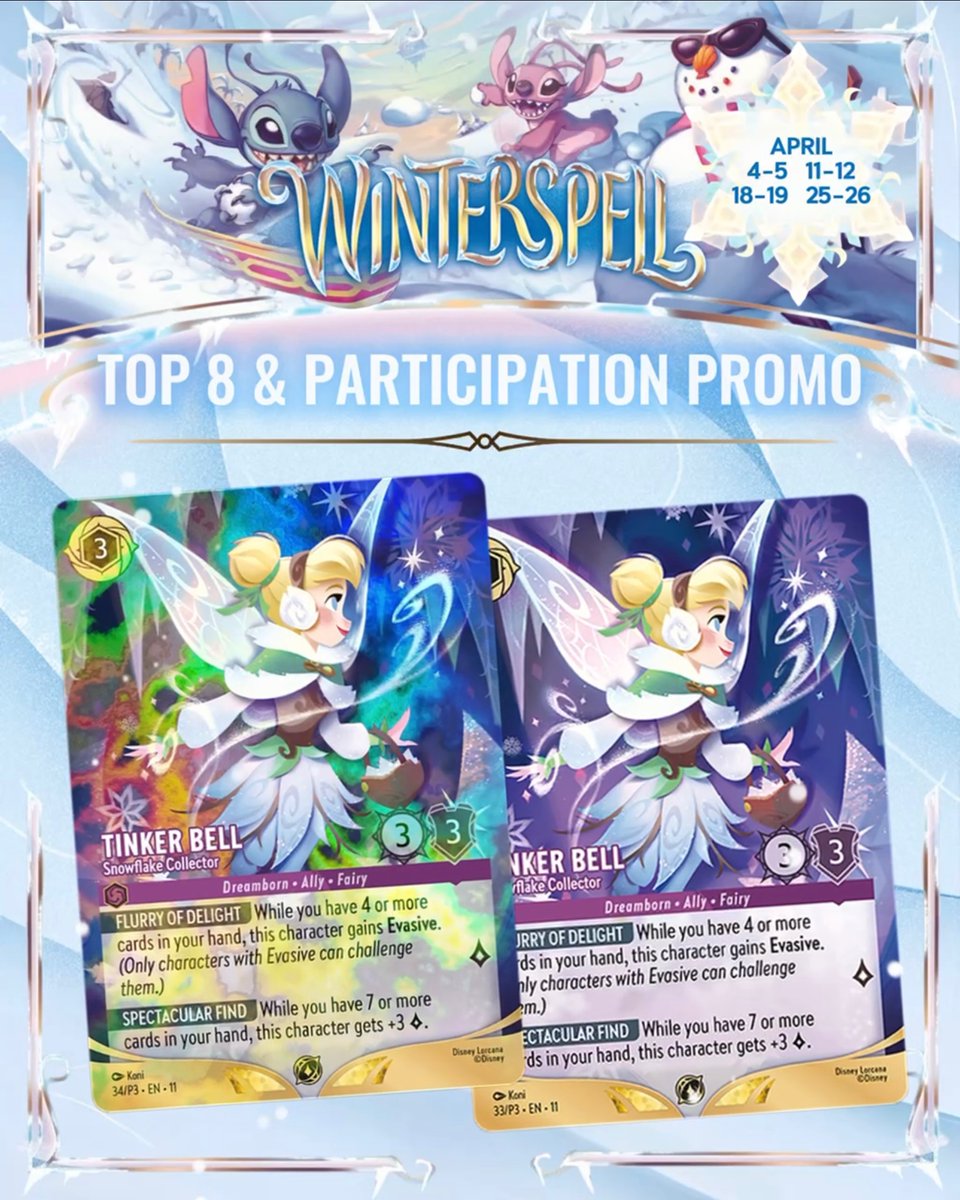 ❄️ SET CHAMPIONSHIP PRIZES | Winterspell | Set 11 | Disney Lorcana

🗓️ April 4-5, 11-12, 18-19, 25-26

🥇 Winner : Champion Playmat

8️⃣ Top 8 : Foil Promo Card

👥 Participants : Non-foil Promo Card

🌐 Find participating stores on tcg.ravensburgerplay.com

#Lorcana #DisneyLorcana