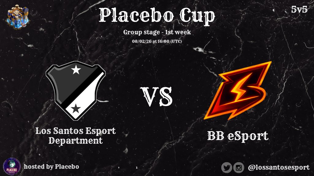 💥 MATCH SET UP 💥

⚔️ <a href="/lossantosesport/">Los Santos Esport Department</a> 🆚️ BB eSport
🏆 Placebo Cup
📋 First week of group stage
🗓 8th February 2026
🕡 4pm UTC
⚙️ 5v5 in TH18
🏠 <a href="/PlaceboCup/">Placebo_Cup</a>

#CoCeSport #eSport #ClashOfClans